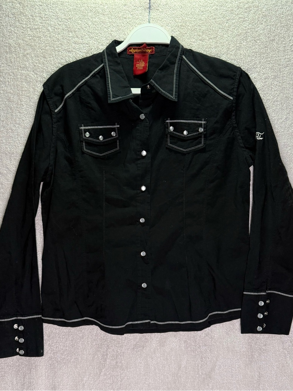 American Exchange Women's Western Shirt Size L Black White Piping Pearl Snap